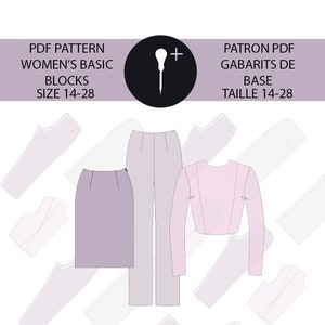 Peut inclure: Graphique de patron PDF avec une jupe, un pantalon et un haut à manches longues dans des tons lavande et rose. Le texte indique "PDF Pattern Women's Basic Blocks Size 14-28" et "Patron PDF Gabarits de Base Taille 14-28". Un cercle noir avec une aiguille est également présent.