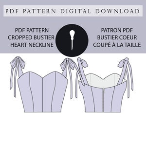 Könnte beinhalten: Ein digitaler Download eines PDF-Schnittmusters für ein kurzes Bustier mit Herz-Ausschnitt. Das Schnittmuster beinhaltet Nahtzugaben und ist in Englisch und Französisch verfügbar. Das Schnittmuster zeigt eine Vorder- und Rückseite des Bustiers.