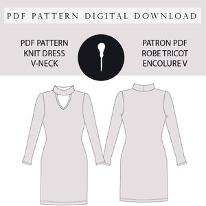 Kleid mit V-Ausschnitt + Kragenmuster. PDF-Muster für ein langärmliges Kleid mit V-Ausschnitt.