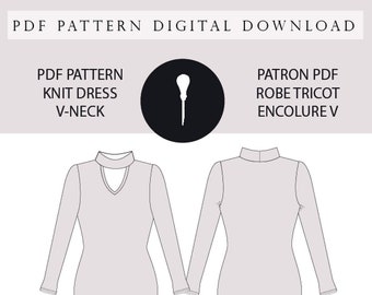 V-neck dress + collar pattern. PDF Long sleeve Dress V-neck pattern.