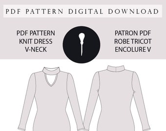 Sewing pattern V-neck Dress + Collar. PDF Long sleeve Dress V-neck pattern.