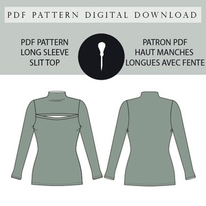 Peut inclure: Un patron de couture numérique pour un haut à manches longues avec une fente au niveau de l'encolure. Le patron comprend les marges de couture et est disponible en anglais et en français. PDF PATTERN LONG SLEEVE SLIT TOP PATRON PDF HAUT MANCHES LONGUES AVEC FENTE BILINGUAL PATTERN SEAM ALLOWANCE INCLUDED