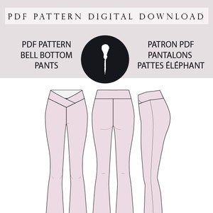 Könnte beinhalten: Ein digitaler Download eines PDF-Schnitts für Schlaghose. Der Schnitt enthält Anleitungen in Englisch und Französisch. Der Schnitt beinhaltet Nahtzugabe.