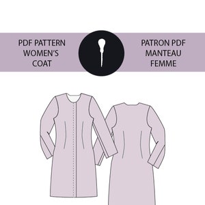 Peut inclure: Un patron PDF pour un manteau femme. Le patron comprend une vue de face et de dos du manteau. Le texte "PDF PATTERN WOMEN'S COAT" et "PATRON PDF MANTEAU FEMME" est inclus dans l'image.