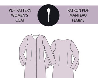 Peut inclure: Un patron PDF pour un manteau femme. Le patron comprend une vue de face et de dos du manteau. Le texte "PDF PATTERN WOMEN'S COAT" et "PATRON PDF MANTEAU FEMME" est inclus dans l'image.