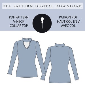 Pullover mit V-Ausschnitt + Kragenmuster. PDF-Langarm-V-Ausschnitt-Muster. PDF