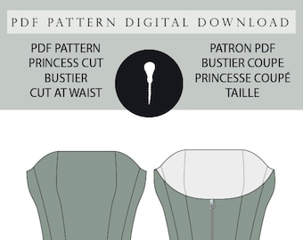Princess cut bustier pattern, cut to size PDF.