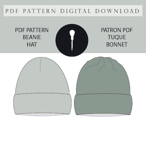 May include: A digital download PDF pattern for a beanie hat. The pattern is bilingual, with instructions in both English and French. The pattern includes seam allowance. The image shows a line drawing of the beanie hat in two different colors.