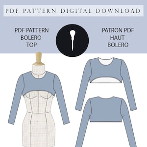 Peut inclure: Un patron PDF téléchargeable pour un haut boléro à manches longues. Le patron comprend les marges de couture et est disponible en anglais et en français. L'image montre un haut boléro bleu sur un mannequin.