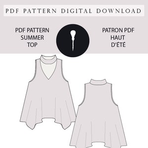 Puede incluir: Un patrón PDF digital para una blusa de verano sin mangas con cuello en V y cuello alto. El patrón incluye margen de costura y está disponible en inglés y francés. "PDF PATTERN DIGITAL DOWNLOAD", "PDF PATTERN SUMMER TOP", "PATRON PDF HAUT D'ÉTÉ", "BILINGUAL PATTERN SEAM ALLOWANCE INCLUDED" están escritos en la imagen.