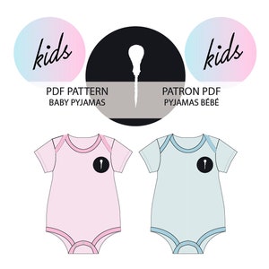May include: PDF pattern for baby pajamas. The pattern includes instructions for making a pink and a blue baby onesie. The pattern is available for download on the website.