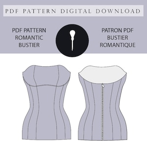 Pode incluir: Padrão PDF digital para um bustier romântico. A ilustração mostra as vistas frontal e traseira de um bustier lilás claro com fecho de zíper. O texto inclui "PDF Pattern Digital Download", "Bilingual Pattern" e "Seam Allowance Included".