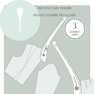 Peut inclure: Trois règles courbes françaises, également connues sous le nom de "Règles Courbe Française", pour la couture et la création de patrons. Les règles sont blanches et ont des marques noires en centimètres.