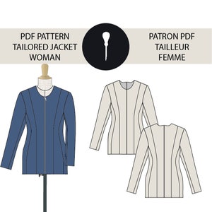 Pode incluir: Um padrão PDF para um casaco sob medida para mulheres. A imagem mostra um casaco azul em um manequim e dois desenhos lineares do casaco em bege. O texto inclui "PDF PATTERN TAILORED JACKET WOMAN" e "youtube @ diane toolfully".
