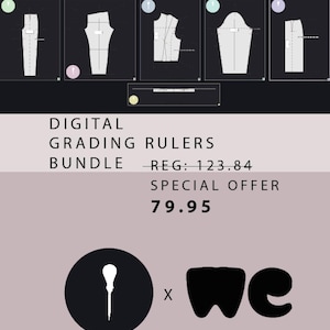 May include: Digital grading rulers bundle for fashion design. The bundle includes five rulers for grading different garment sections. The price is $79.95, a special offer from the regular price of $123.84. The image also includes the text "1 We" and "*EMAILED VIA WETRANSFER".