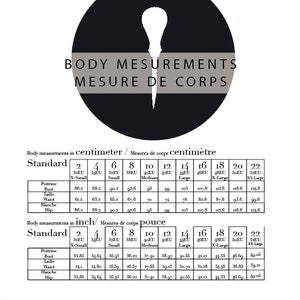 May include: A black and white graphic with body measurements in inches and centimeters. The chart includes bust, waist, and hip measurements for sizes 2 to 22. The text "BODY MEASUREMENTS MESURE DE CORPS" is at the top.