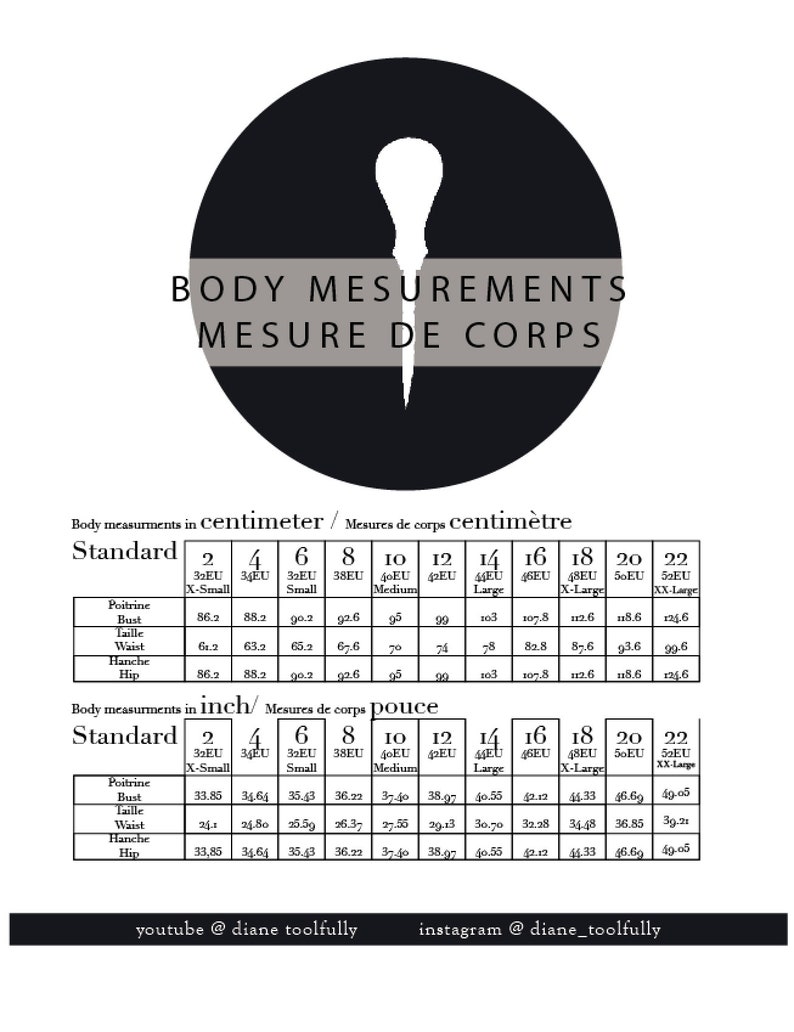 May include: A black and white graphic with body measurements in inches and centimeters. The chart includes bust, waist, and hip measurements for sizes 2 to 22. The text "BODY MEASUREMENTS MESURE DE CORPS" is at the top.