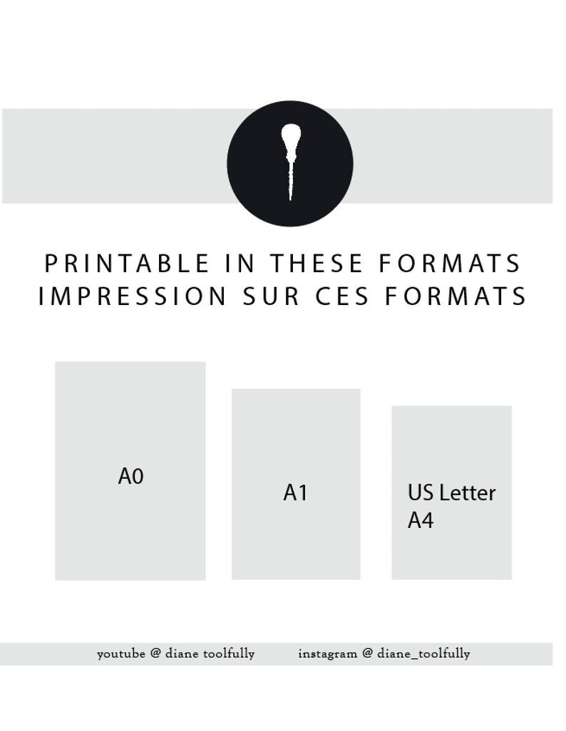 May include: A white graphic with the text "PRINTABLE IN THESE FORMATS IMPRESSION SUR CES FORMATS". The image shows paper sizes A0, A1, and US Letter A4. A black circle with a white design is at the top. Social media handles are at the bottom.