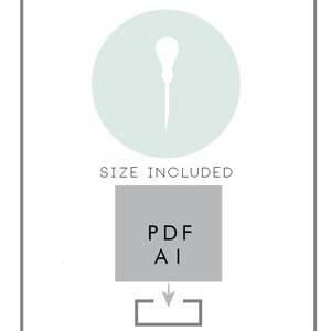 Puede incluir: Una descarga digital de un dise&ntilde;o imprimible en formato PDF y AI. El dise&ntilde;o presenta un c&iacute;rculo azul claro con una silueta blanca de una flor en su interior. El texto "SIZE INCLUDED" est&aacute; debajo del c&iacute;rculo. Debajo del texto hay un rect&aacute;ngulo gris con el texto "PDF AI" en su interior. Una flecha apunta hacia abajo desde el rect&aacute;ngulo hasta un cuadrado gris.