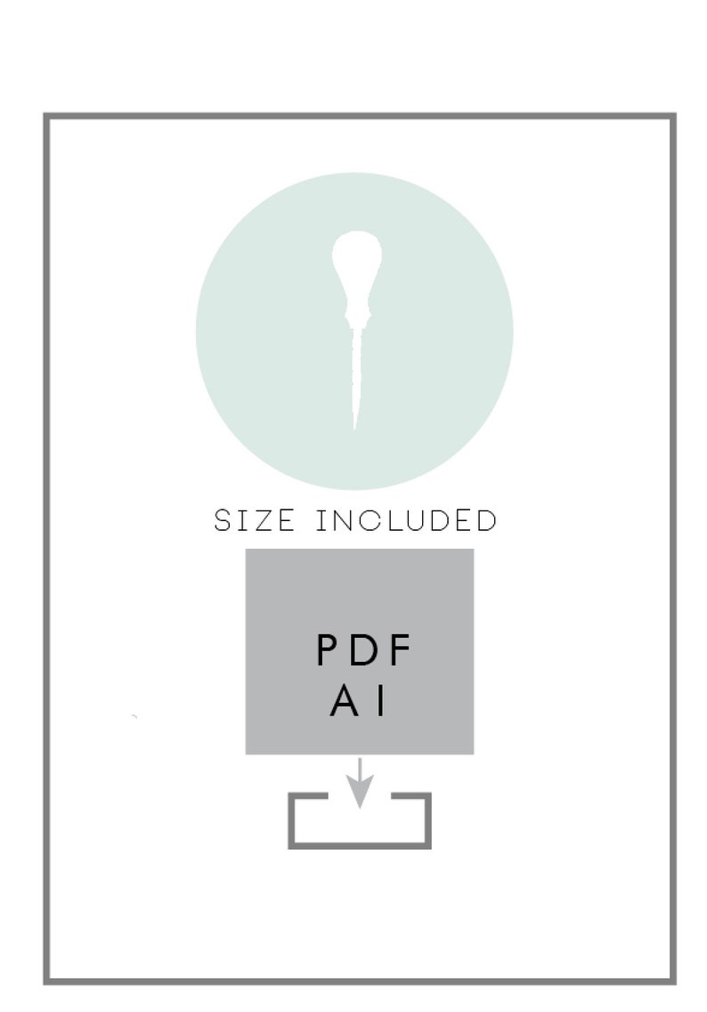 Puede incluir: Una descarga digital de un dise&ntilde;o imprimible en formato PDF y AI. El dise&ntilde;o presenta un c&iacute;rculo azul claro con una silueta blanca de una flor en su interior. El texto "SIZE INCLUDED" est&aacute; debajo del c&iacute;rculo. Debajo del texto hay un rect&aacute;ngulo gris con el texto "PDF AI" en su interior. Una flecha apunta hacia abajo desde el rect&aacute;ngulo hasta un cuadrado gris.