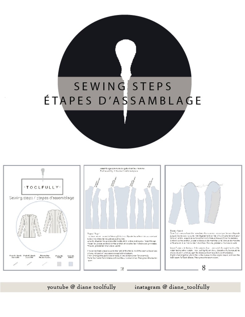 May include: A graphic with the text "SEWING STEPS &Eacute;TAPES D'ASSAMBLAGE" and illustrations of sewing patterns. The image includes the text "youtube @ diane toolfully" and "instagram @ diane_toolfully".