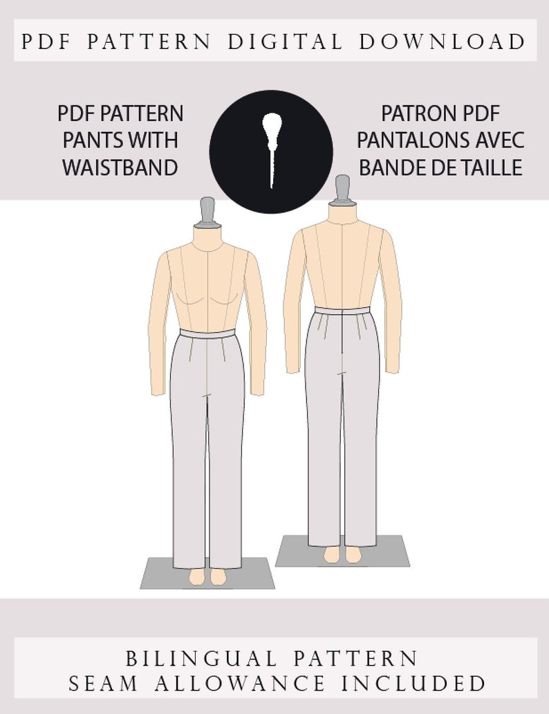 Pode incluir: Um padr&atilde;o PDF para download digital para cal&ccedil;as com c&oacute;s. O padr&atilde;o inclui instru&ccedil;&otilde;es em ingl&ecirc;s e franc&ecirc;s. A imagem mostra uma vis&atilde;o frontal e traseira das cal&ccedil;as em um manequim.
