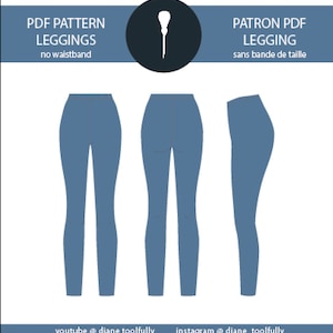 Peut inclure: Un patron PDF pour leggings sans ceinture. Le patron comprend trois vues des leggings : devant, dos et côté. Les leggings sont de couleur bleu clair.