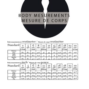 Pode incluir: Um gr&aacute;fico preto e branco com o texto "Body Measurements" e "Mesure de Corps" em um c&iacute;rculo no topo. O gr&aacute;fico mostra as medidas corporais padr&atilde;o em cent&iacute;metros e polegadas para diferentes tamanhos, de XS a XXL. O gr&aacute;fico inclui medidas para o busto, a cintura, o quadril e o peito.
