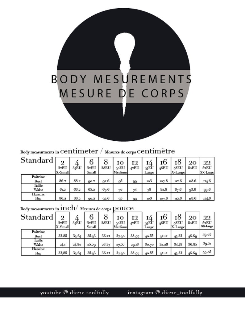 Pode incluir: Um gr&aacute;fico preto e branco com o texto "Body Measurements" e "Mesure de Corps" em um c&iacute;rculo no topo. O gr&aacute;fico mostra as medidas corporais padr&atilde;o em cent&iacute;metros e polegadas para diferentes tamanhos, de XS a XXL. O gr&aacute;fico inclui medidas para o busto, a cintura, o quadril e o peito.