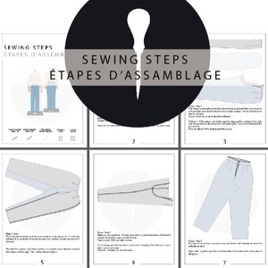Pode incluir: Passos de costura para uma cal&ccedil;a. As instru&ccedil;&otilde;es s&atilde;o ilustradas com diagramas que mostram como costurar as costuras e terminar as bordas. As etapas s&atilde;o numeradas de 1 a 7. O texto inclui as frases "Sewing Steps" e "&Eacute;tapes d'assemblage".