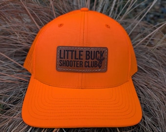 Richardson 882 Little Buck Shooter Club Laser Engraved Leather Patch Hat- Funny Spike Buck Hat Blaze Orange Hunting Hat Deer Hunting