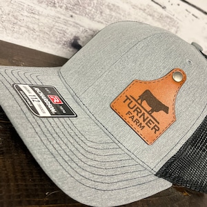 Custom Richardson 112 Laser Engraved Leather Patch Hat- Ear Tag Custom Farm name with Cow Ear Tag Livestock Farm Button Rivot Real Leather