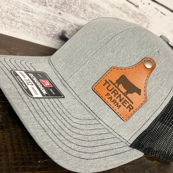 Custom Richardson 112 Laser Engraved Leather Patch Hat- Ear Tag Custom Farm name with Cow Ear Tag Livestock Farm Button Rivot Real Leather