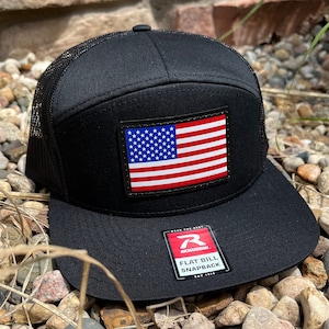 Richardson 168 Flat bill Snapback Digitally Printed Leather Patch Hat- Digitally printed American Flag USA Patriotic Leather Patch