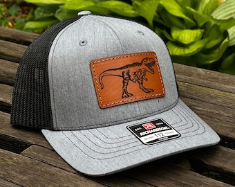 YOUTH/TODDLER Richardson 112 Laser Engraved Leather Patch Hat- T-Rex Dinosaur Hand Stitched Real Leather