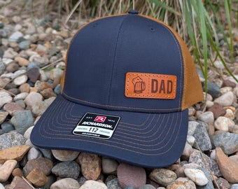 Richardson 112 Laser Engraved Leather Patch Hat- Dad and Beer Left Panel Patch- Hand Stitched Real Leather