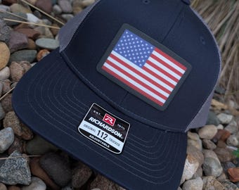 Digitally Printed American Flag USA Patriotic Fabric Patch Richardson 112- Hand Stitched Real Leather