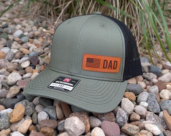 Richardson 112 Laser Engraved Leather Patch Hat- Dad American Flag Left Panel Patch- Hand Stitched Real Leather