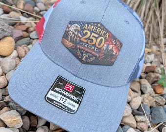 Americas 250th Anniversary USA Patriotic Richardson 112PM Digitally Printed Leather Patch Hat-Hand Stitched Real Leather Printed Mesh