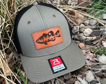 Richardson 110 Fitted Laser Engraved Leather Patch Hat-Large Mouth Bass Silhouette Hand stitched real leather Fish Angler Gone Fishin' Scene