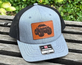 YOUTH/TODDLER Richardson 112 Laser Engraved Leather Patch Hat- Monster Truck Hand Stitched Real Leather