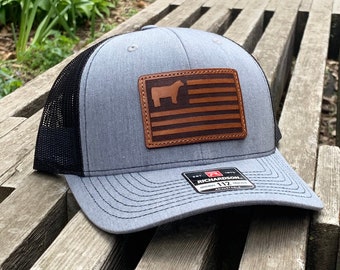 YOUTH/TODDLER Richardson 112 Laser Engraved Leather Patch Hat- Show Steer American Flag Cow Calf Hand Stitched Real Leather