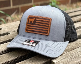 Richardson 112 Laser Engraved Leather Patch Hat- Show Steer American Flag Cow Calf Hand Stitched Real Leather