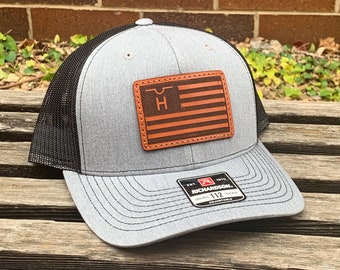 Custom Richardson 112 Laser Engraved Leather Patch Hat- Logo Cattle Brand American Flag Farm Stitched Real Leather Ranch Brand