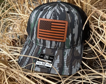 Leather Patch Hat Camo Custom Patch Shape Richardson 112P Leather Patch Hat-American Flag USA Flag Hand Stitched Real Leather