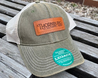 Customer Supplied Logo Custom Legacy Hats OFA Laser Engraved Leather Patch Unstructured Hat- Custom Company Real Leather- Farm Logo