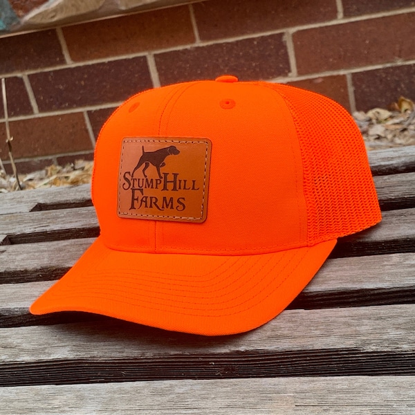 Richardson 882 Laser Engraved Leather Patch Hat- Custom company logo or brand Blaze Orange Hunting Hat Hunter Bird Hunter Pheasant Hunting