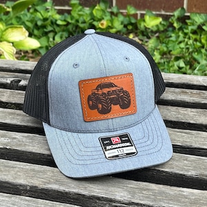 YOUTH/TODDLER Richardson 112 Laser Engraved Leather Patch Hat- Monster Truck Hand Stitched Real Leather
