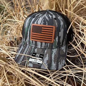 Leather Patch Hat Camo Custom Patch Shape Richardson 112P Leather Patch Hat-American Flag USA Flag Hand Stitched Real Leather