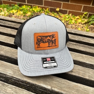 Custom Richardson 112 Laser Engraved Leather Patch Hat- Logo Cattle Brand Personalized Cow Calf Farm Hand Stitched Real Leather Ranch Brand